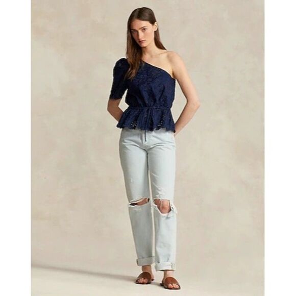 New Polo Ralph Lauren One-shoulder Eyelet Linen top in Navy Size 10 - Picture 3 of 13